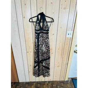 VTG retro Y2K brown/black leopard print silky open back halter maxi dress BEBE